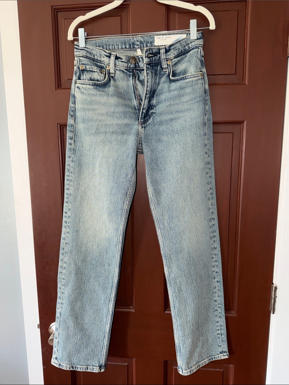 rag & bone light blue mid-rise straight jeans.